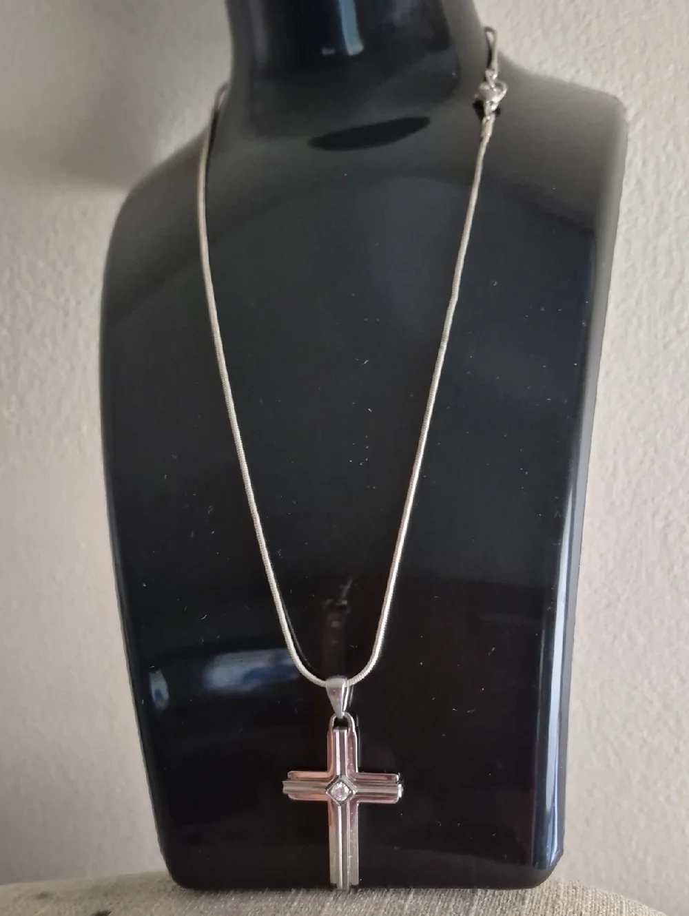 Mens Stainless steel cross CZ pendant necklace snake chain